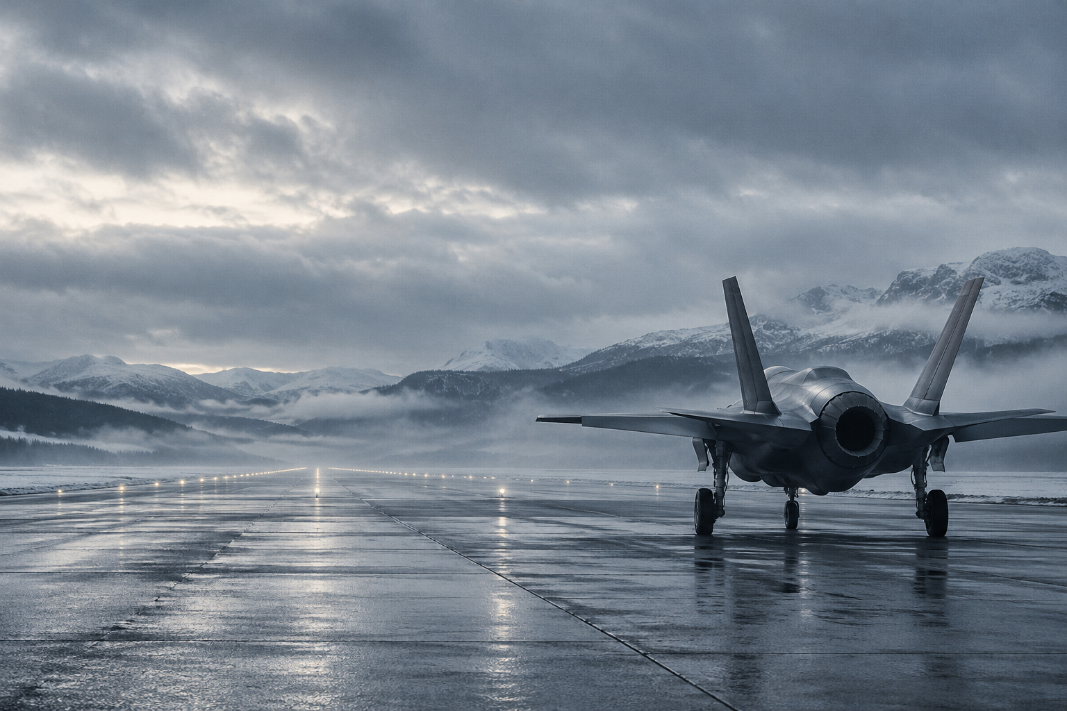 Generert illustrasjon av et militært fly på en nordisk flyplass