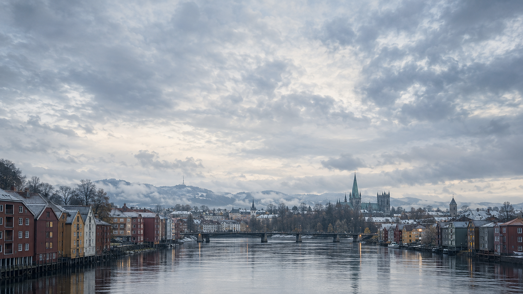 Illustrasjon av Nidelva og Trondheims bylandskap under en stor nordisk himmel